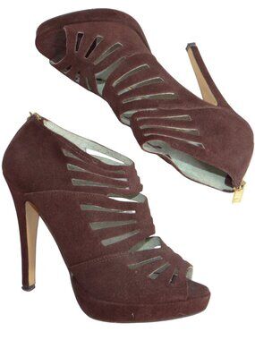Matiko‎ Brown Suede Cage Peep Toe Platform Stiletto Heels Womens 8 Cutout Zipper